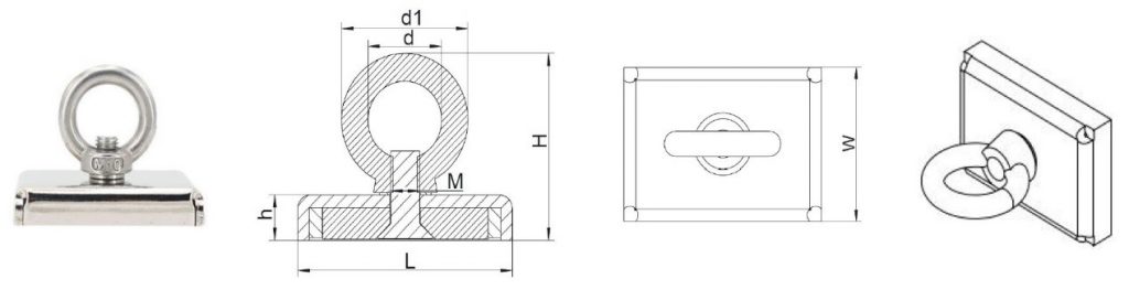 Square Neodymium Pot Magnets with Hanging Rings